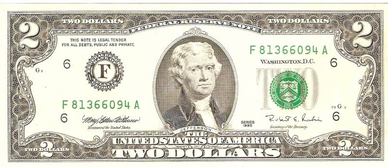 Nota Original de 2 Dollars - Carimbo Verde 