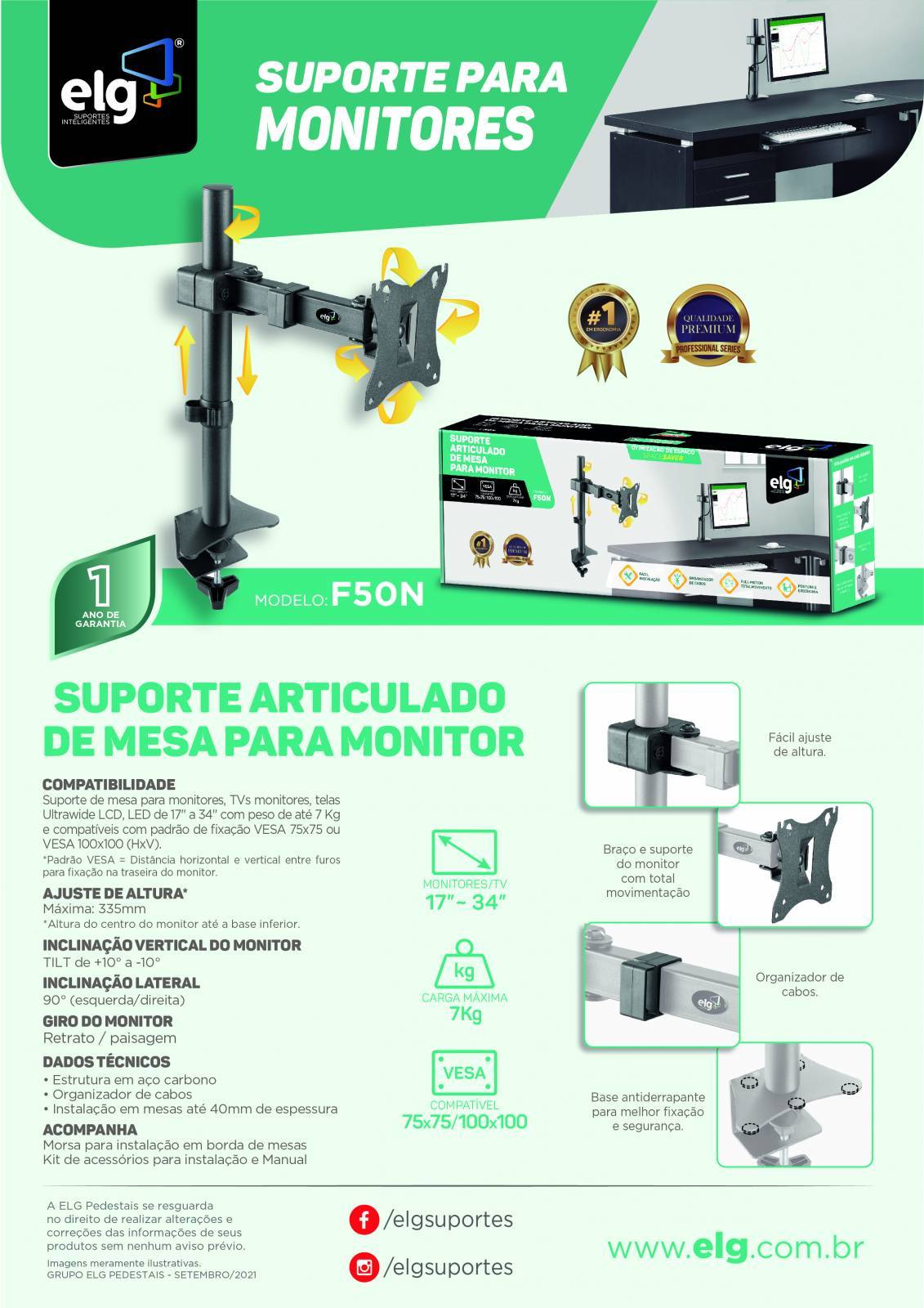 Suporte Artic. Mesa Reg. Altura Monitor 17 a 34 F50N - ELG