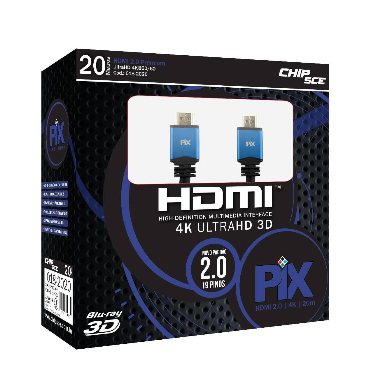 Cabo HDMI 20mt 2.0/3D/4K 19 pinos 18Gbit/s - PIX