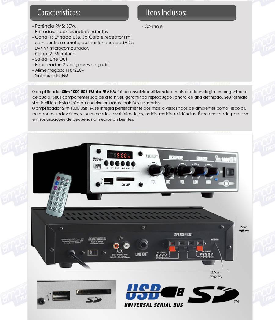 Amplificador Receiver até 12 cx Slim 1000 USB/SD CARD/AUX/FM - FRAHM
