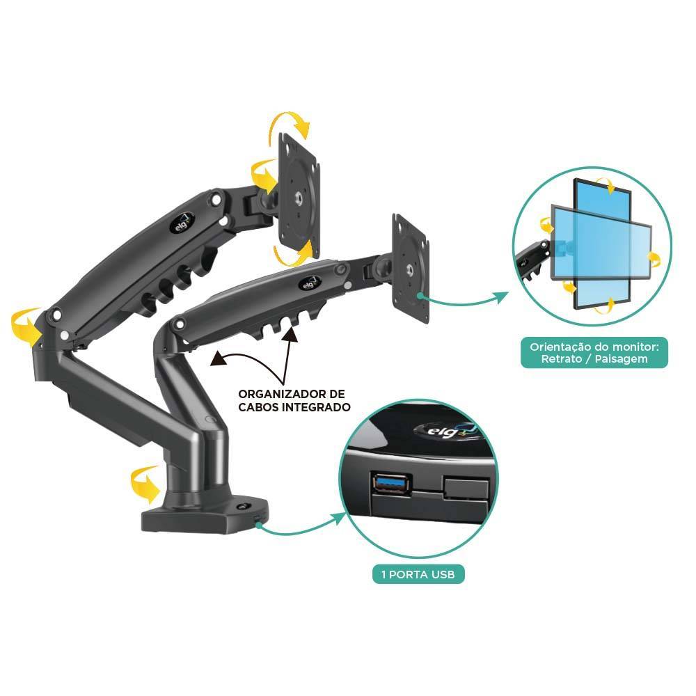 Suporte Articulado ELG Duplo Mesa Pistão Gás 17 a 35 F180USB