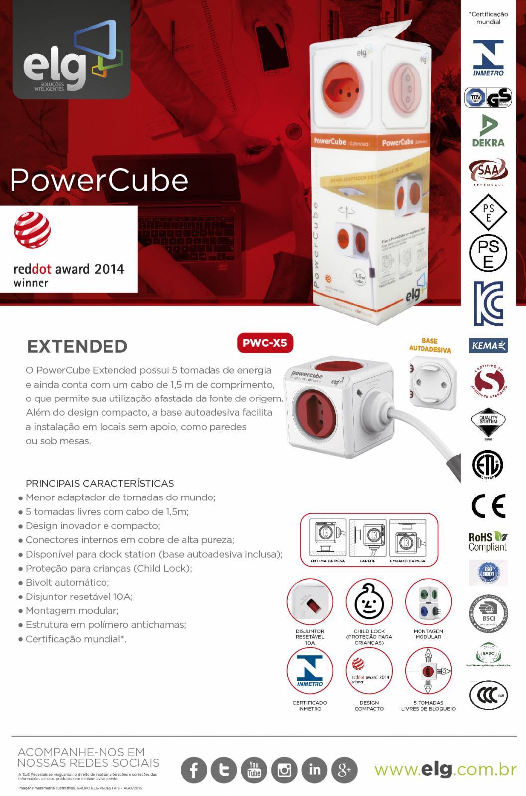 PowerCube Extended PWC-X5 ELG Vermelho 5 Tomadas com Cabo 1,5m