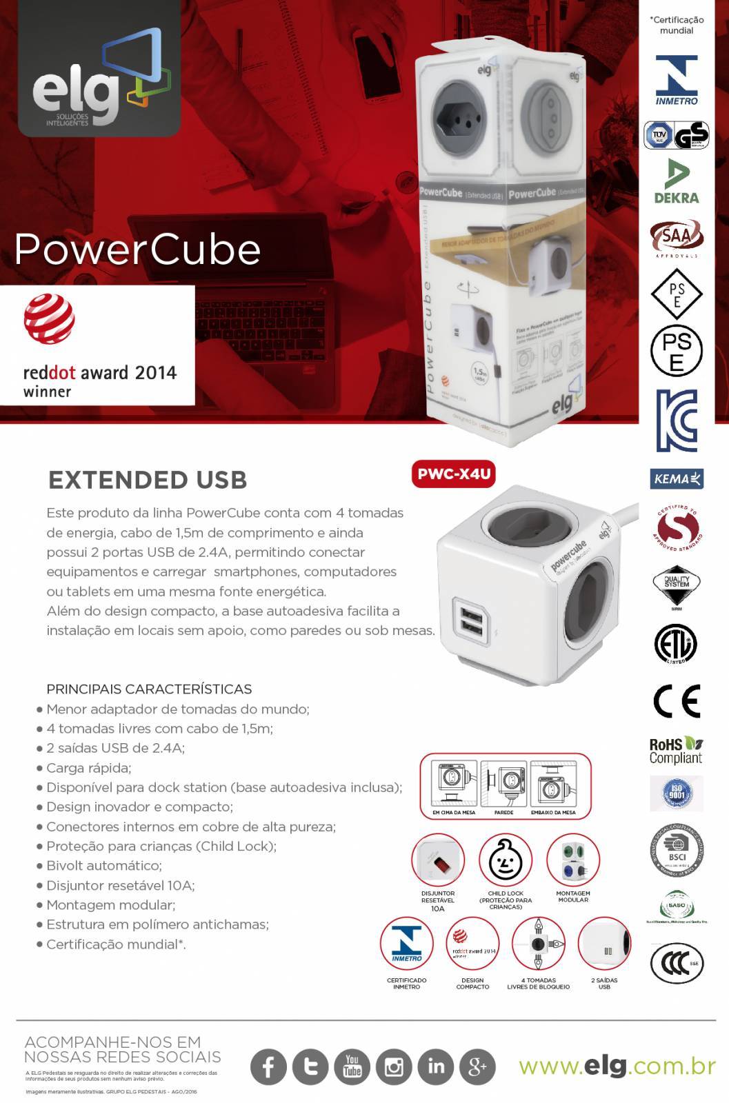 PowerCube Extended PWC-X4U ELG Cinza 4 Tomadas com Cabo 1,5m