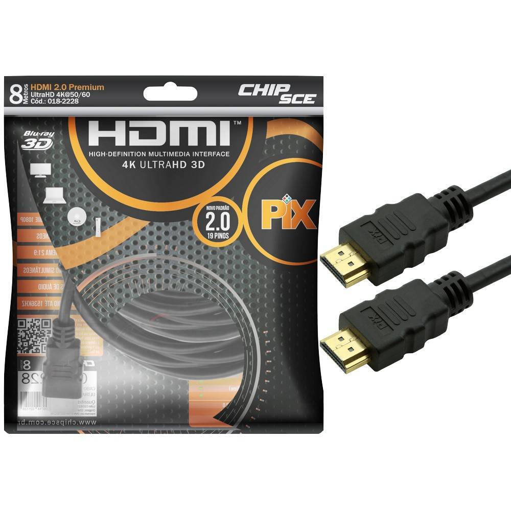 Cabo HDMI 8mt 2.0/3D/4K 19 pinos 18Gbit/s - PIX