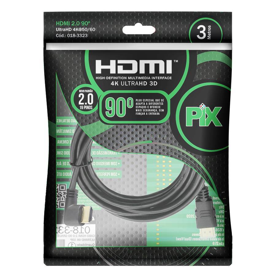 Cabo HDMI 3mt 90º 2.0/3D/4K 19 pinos 18Gbit/s - PIX