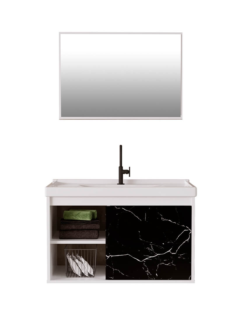 Conjunto Gabinete com Espelheira Cerocha Zeta 64cm Branco com Marmorizado Preto