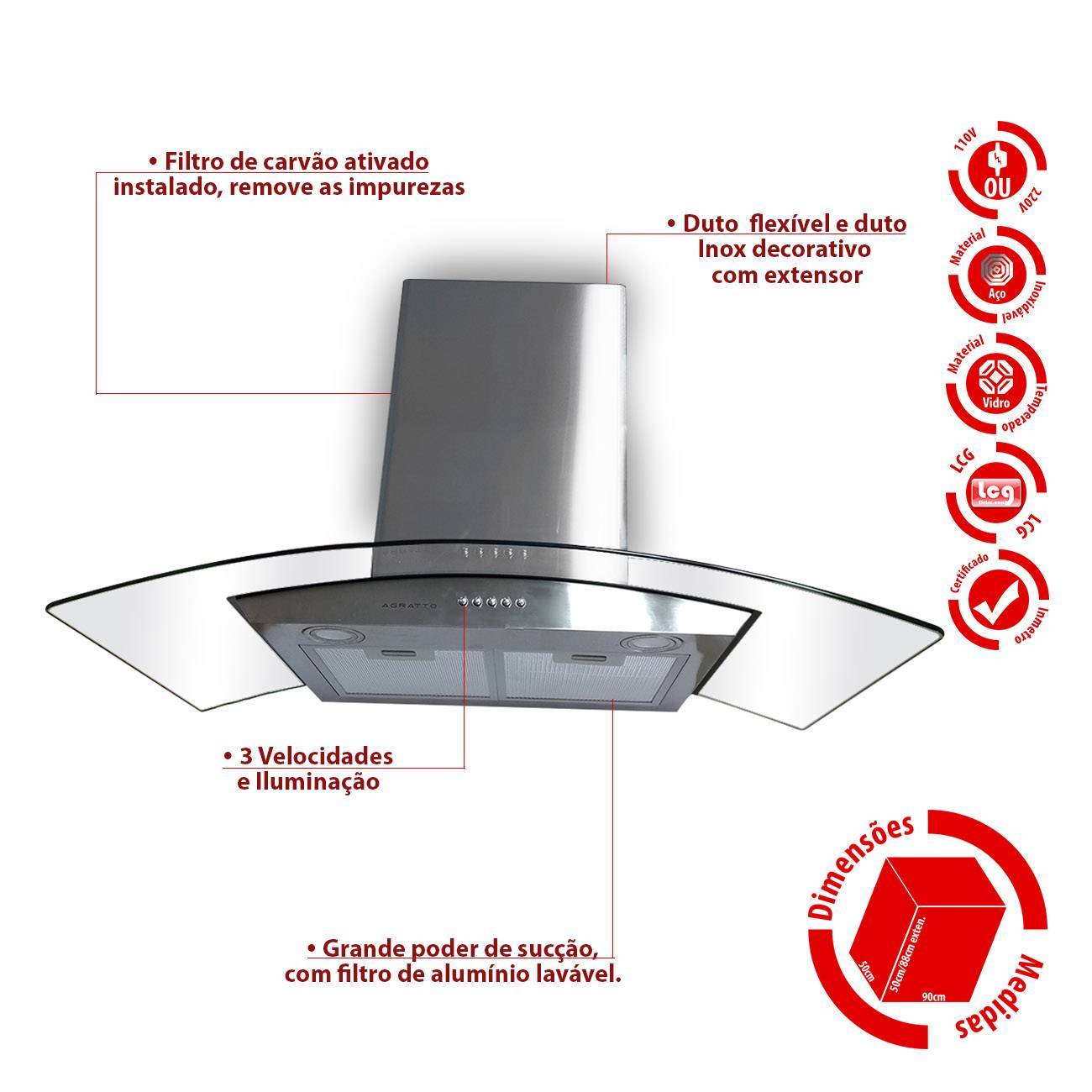 Coifa De Parede Inox E Vidro 90cm Agratto CVP90