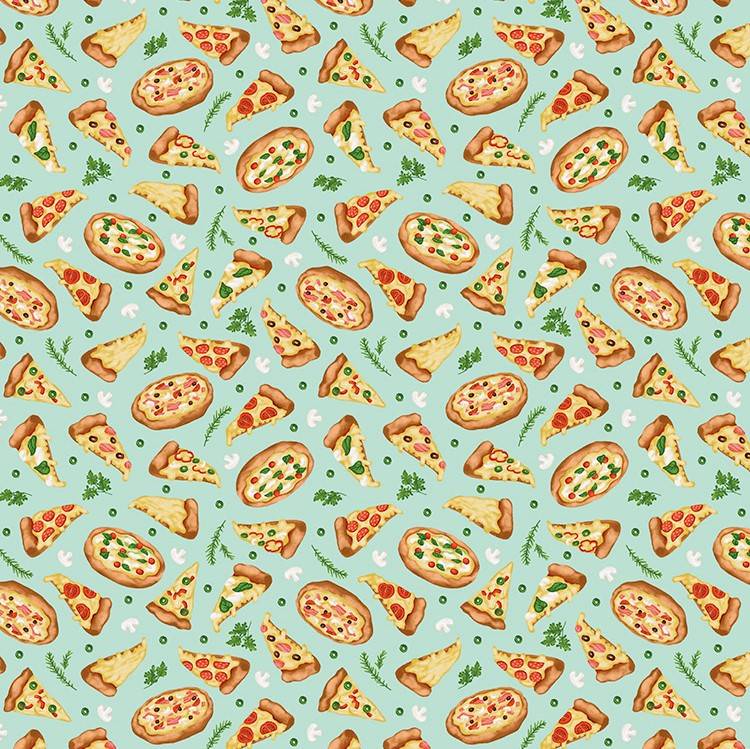 Tricoline Digital - Coleção Fast Food - Pizza - Fundo Xadrez Preto - 0,50 M  X 1,50M