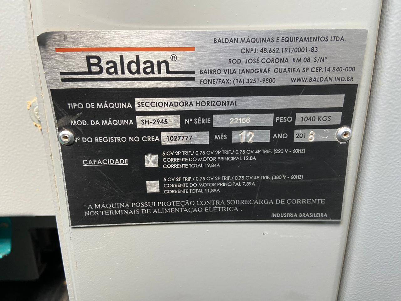 Seccionadora Marca Baldan Mod SH 2945